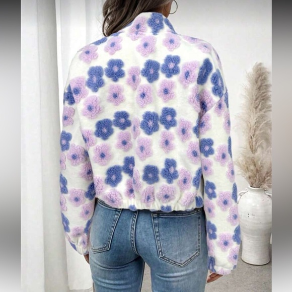 Boho Luxe White Pink Textured Floral Sherpa Zip Front Jacket Coat Holiday - Picture 4 of 9